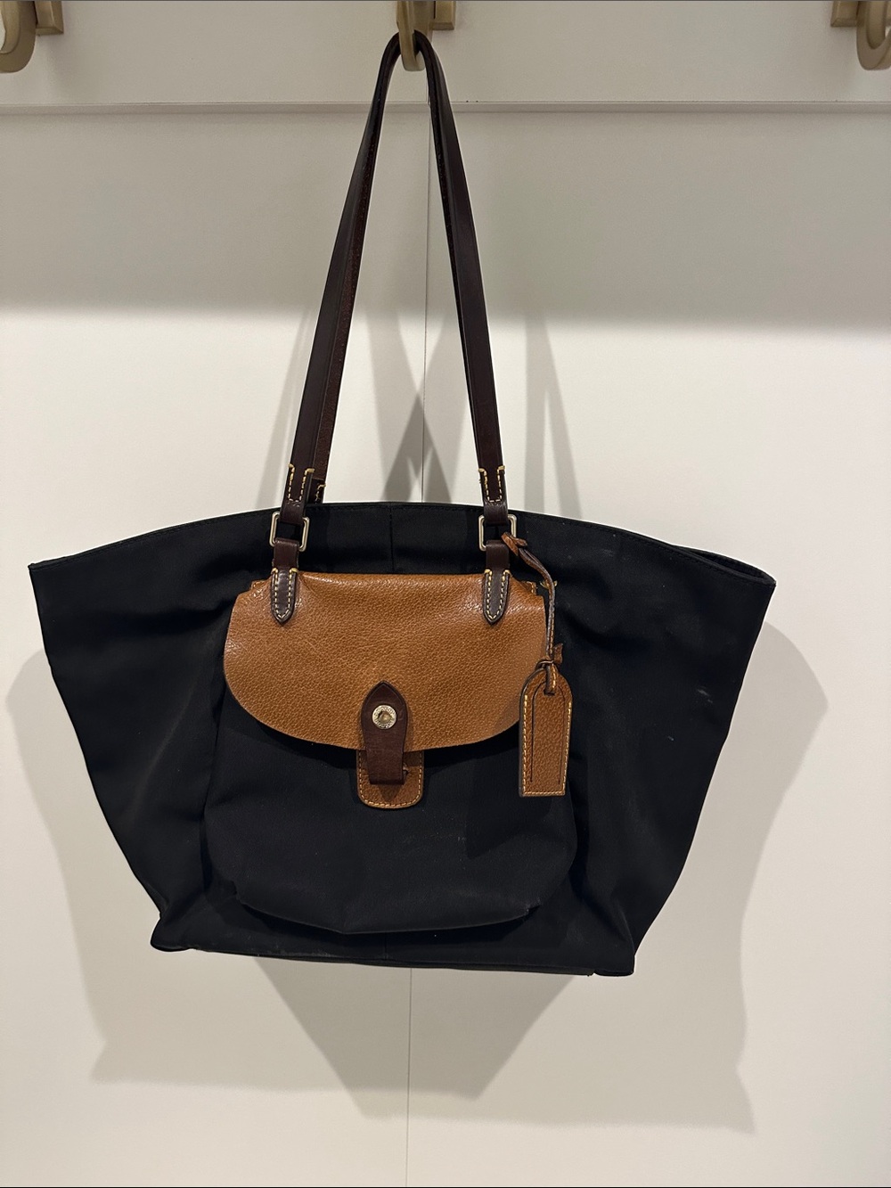Classic Black & Brown Dooney and Bourne Tote Bag with Front Flap